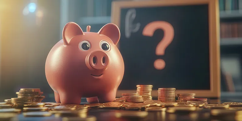 Symbolbild aktiv gemanagte Fonds vs ETFs - Bild zeigt Geld, Sparschwein und viele Fragezeichen